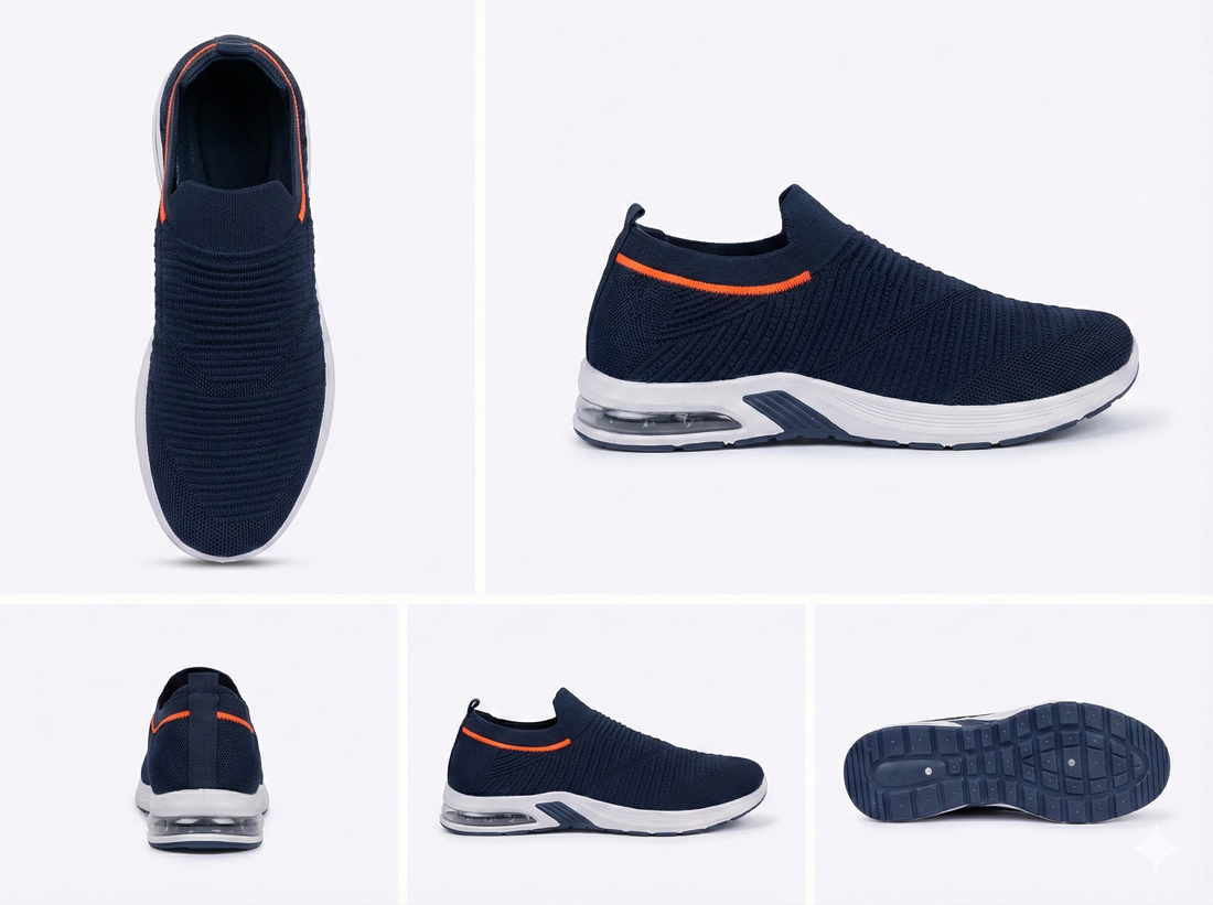 Navy Blue Breathable Knit Slip-On Sneakers with Air Cushion